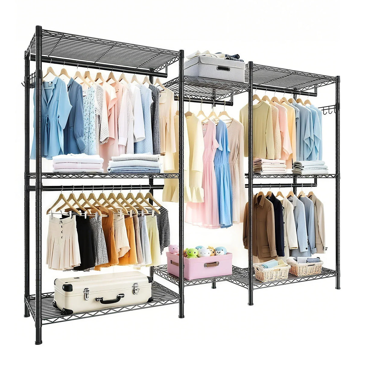 Heavy Duty Garment Rack With 8 Adjustable Wire Shelves And 5 Clothes Rails, Freestanding Closet Organizer Metal - Black - Furniture Home Direct