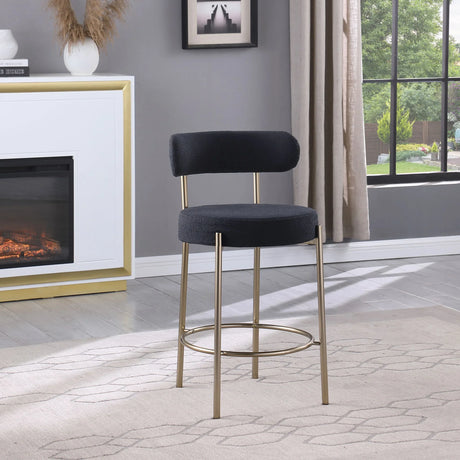Modern Sherpa Counter Height Stools, Uphsoltered Seat Height Barstools With Brushed Brass Metal Legs Round Low Back Kitchen Stools With Footrest For Dining Room (Set of 2) - Furniture Home Direct