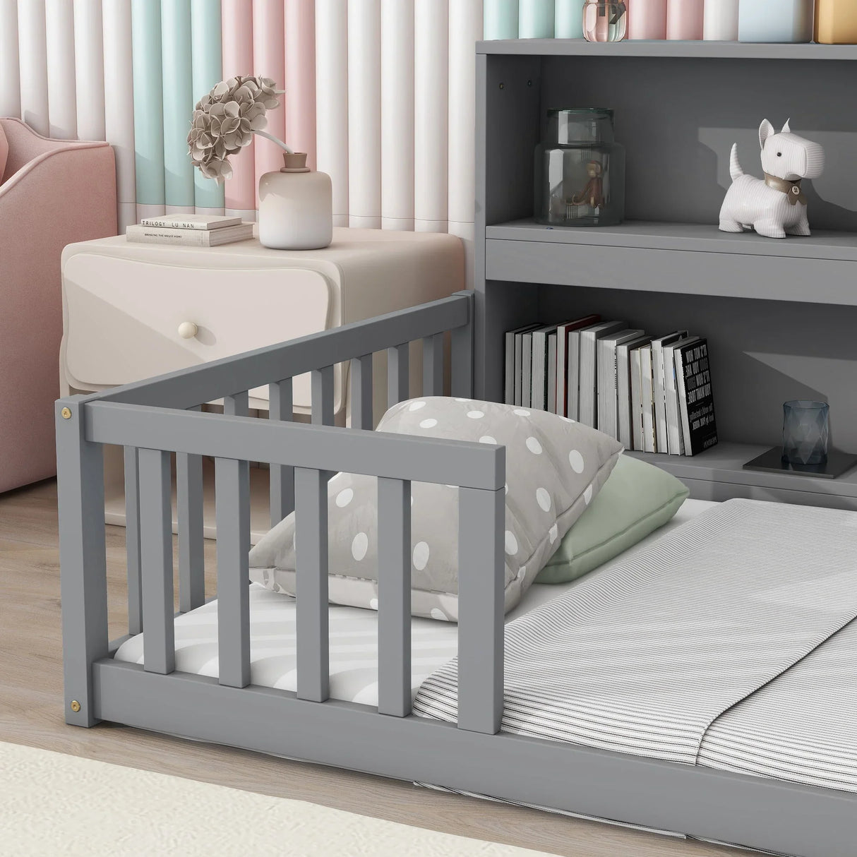 Floor Bed With Bedside Bookcase, Shelves, Guardrails - Furniture Home Direct