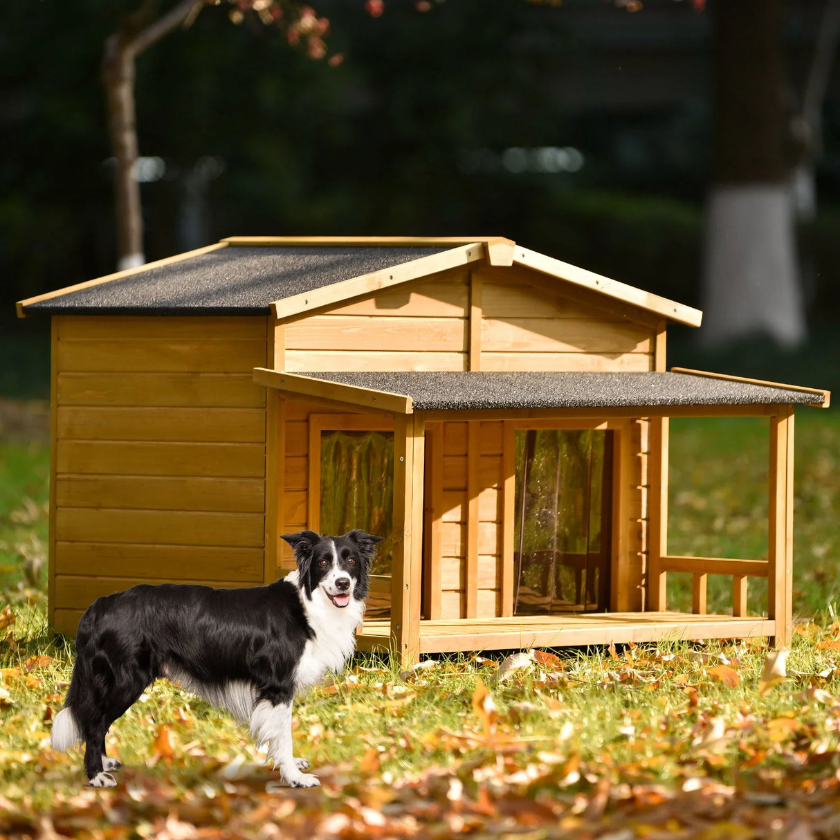 Large Wooden Dog House Outdoor / Indoor Dog Crate, Cabin Style, With Porch, 2 Doors - Furniture Home Direct