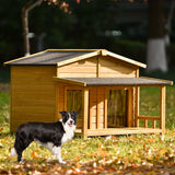 Large Wooden Dog House Outdoor / Indoor Dog Crate, Cabin Style, With Porch, 2 Doors - Furniture Home Direct