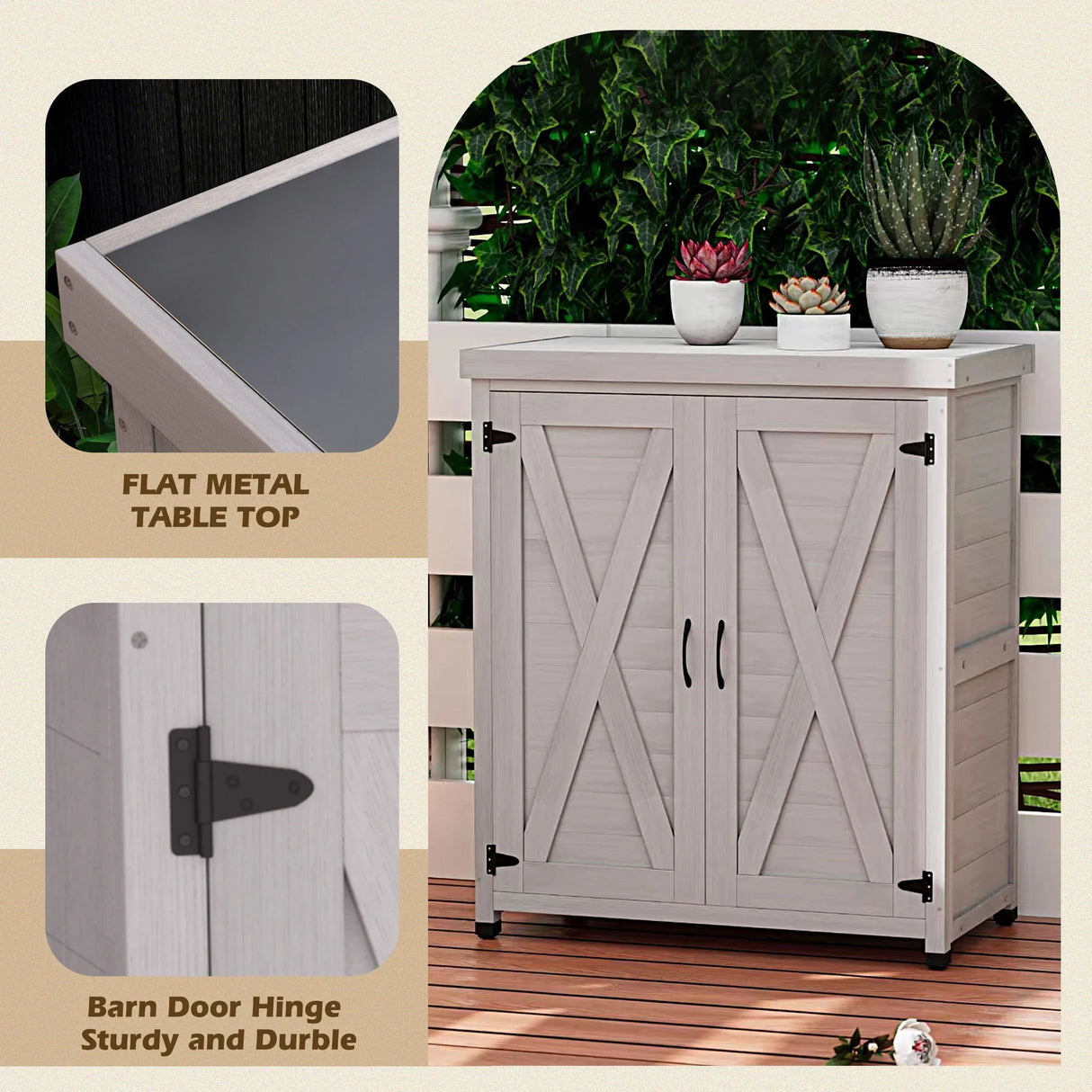 Rustic Cedar Wood Potting Bench With Storage Cabinet And Metal Top For Outdoor Patio - Gray - Furniture Home Direct