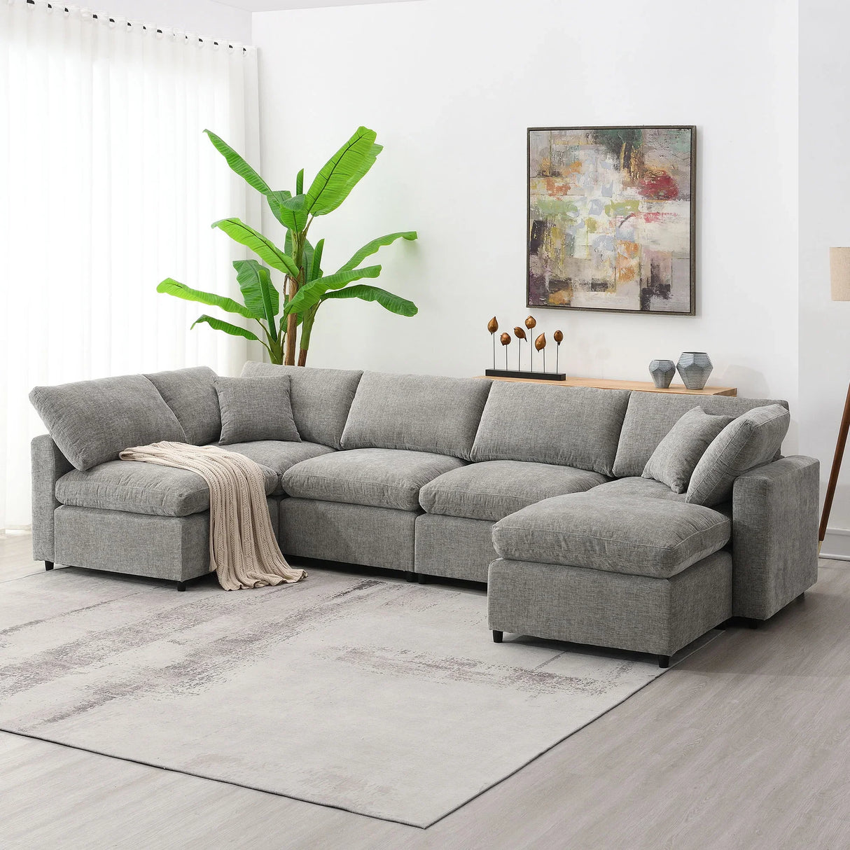 Modern Modular Cloud Sofa Bed, 6 Seat Chenille Sectional Couch Set With Ottoman, Free Combination, Convertible U Shaped Sleeper Sofa For Living Room - Furniture Home Direct