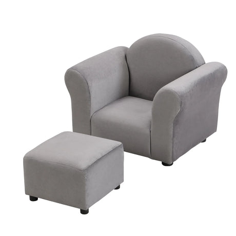 Kids Velvet Upholstered Chair With Ottoman For Comfortable Seating - Gray - Furniture Home Direct
