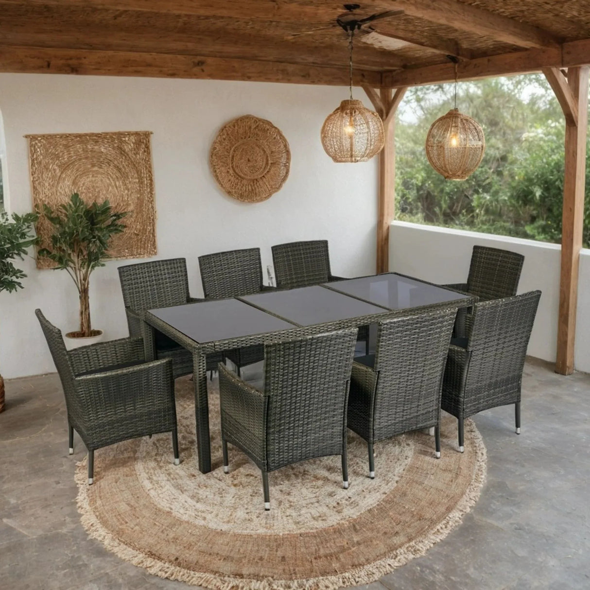 9 Piece Outdoor Patio Wicker Dining Set Patio Wicker Furniture Dining Set Glass Top - Gray / Black - Furniture Home Direct