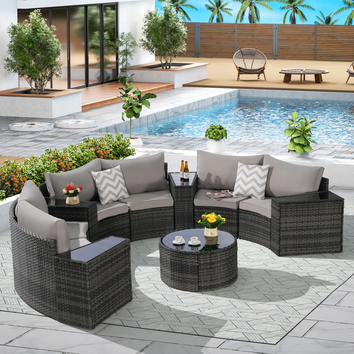 11 Piece Patio Set With Tempered Glass Round Coffee Table - Furniture Home Direct