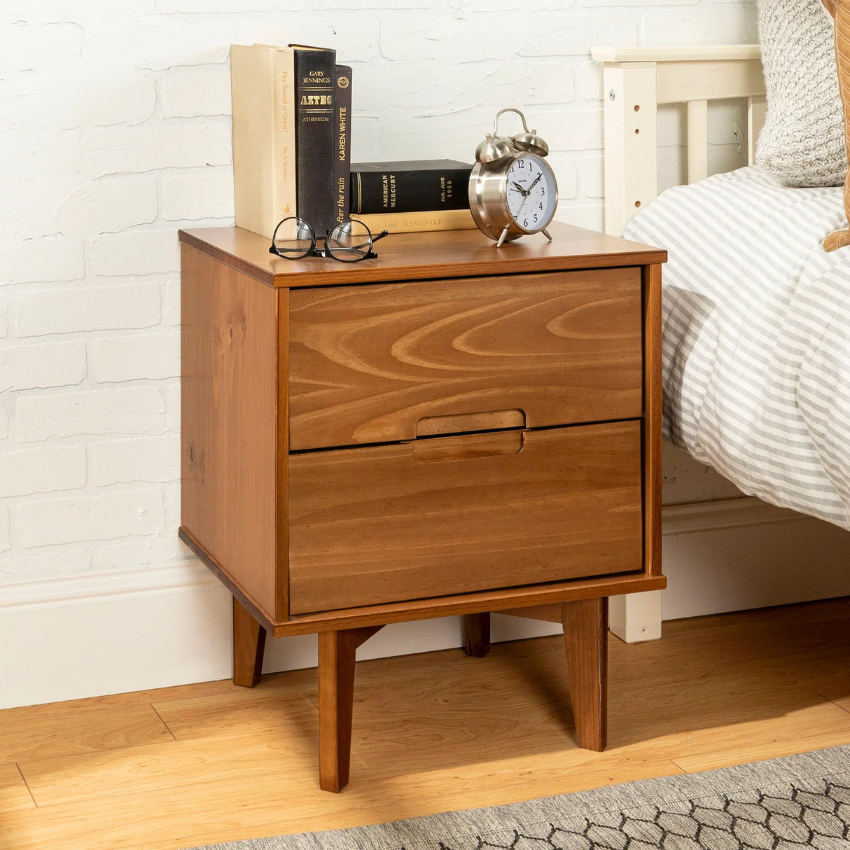 Mid-Century Modern 2 Drawer Solid Wood Nighstand With Cutout Handles - Furniture Home Direct