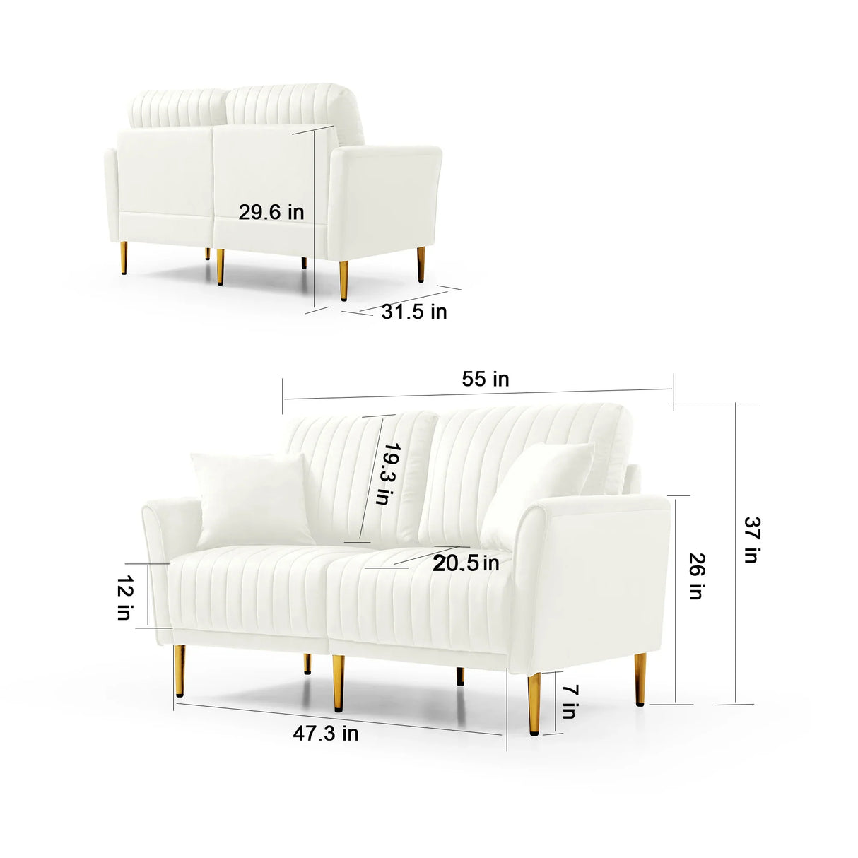 2 PC Velvet Living Room Set Including 2 Love Seats with Four Throw Pillows and Metal legs - Off White - Furniture Home Direct