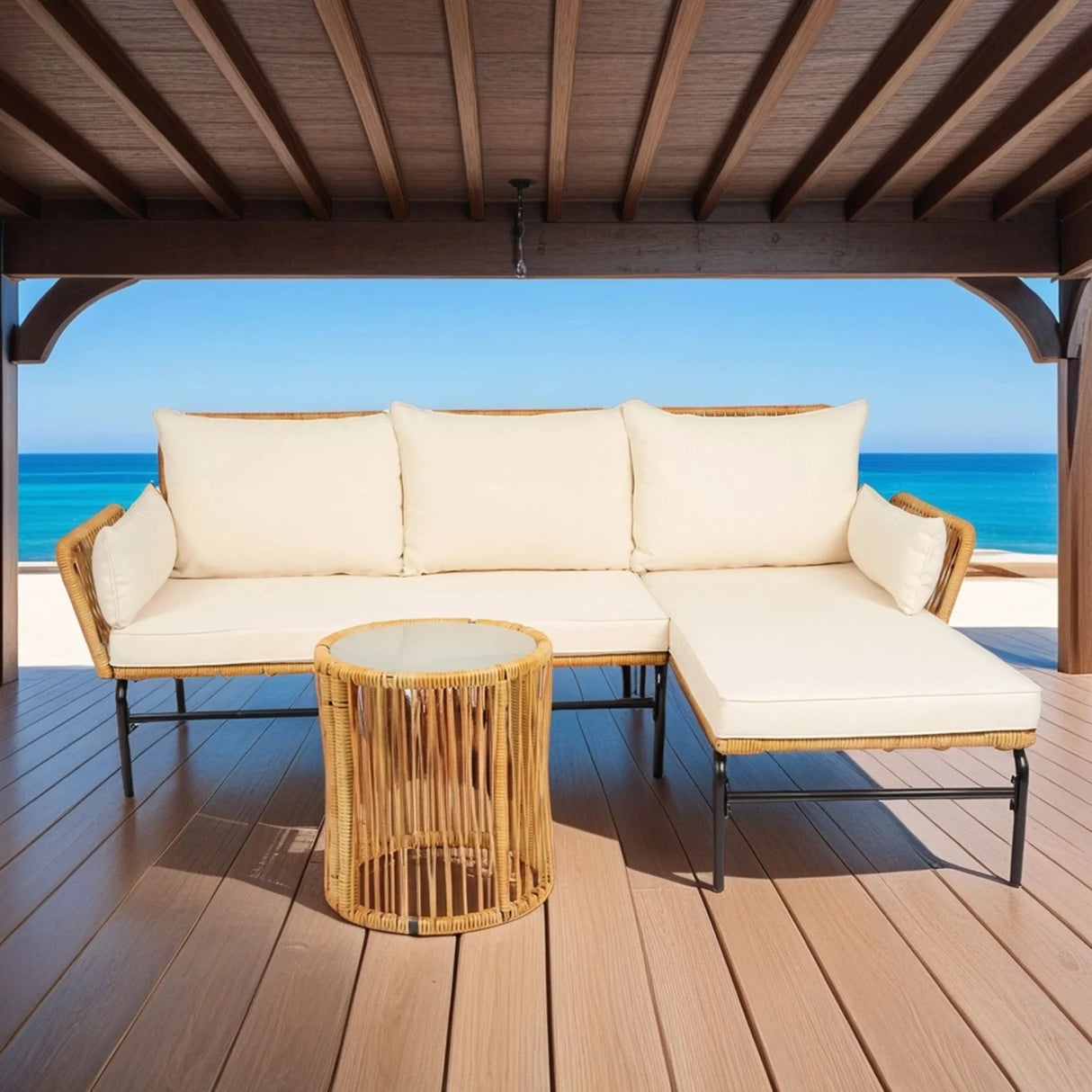 3 Piece Sectional Outdoor Patio Wicker Furniture Set - Natural Yellow / Creme - Furniture Home Direct
