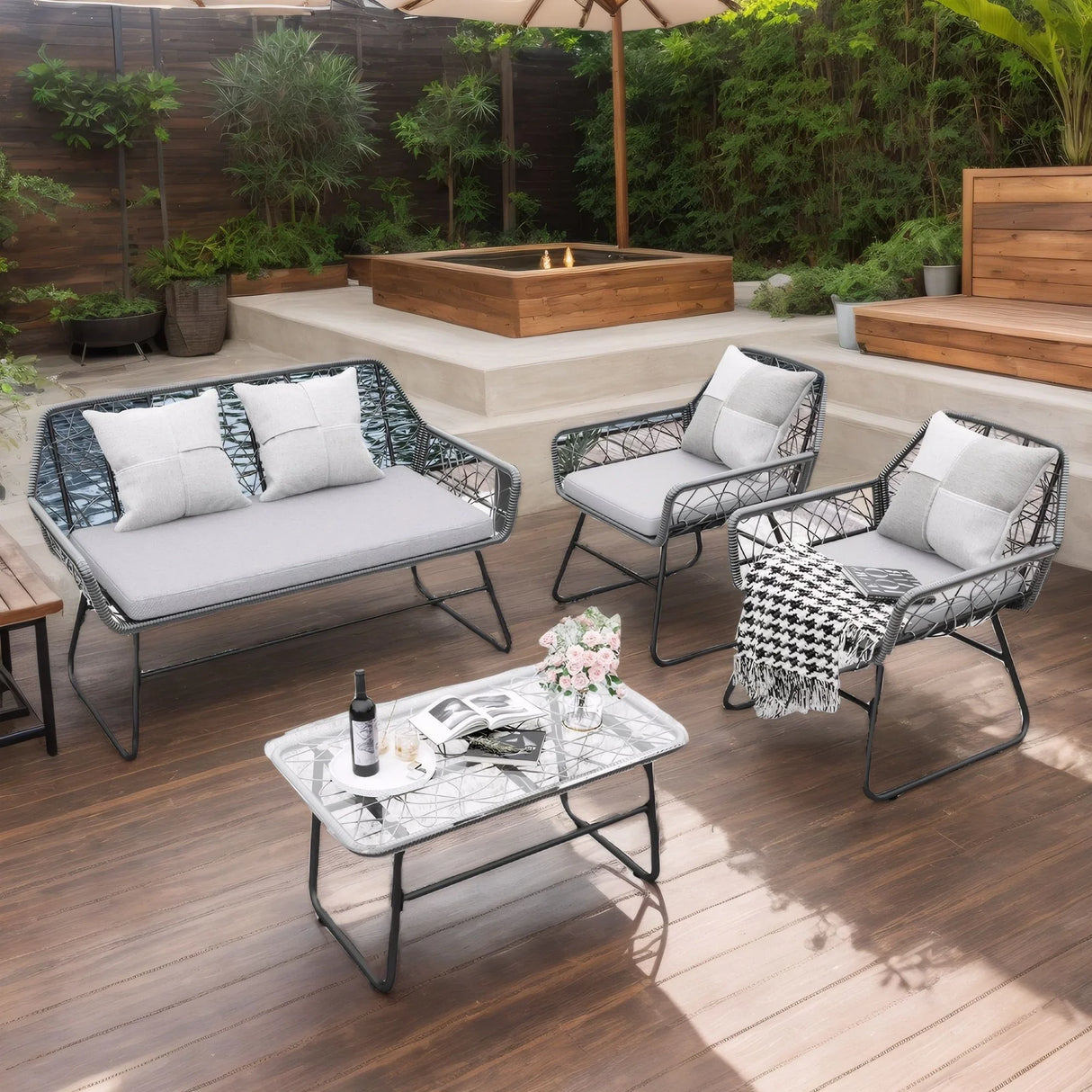 4 Piece Wicker Patio Furniture Set With Tempered Glass Table And Detachable Cushions - Furniture Home Direct