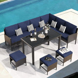 7 Piece Outdoor Furniture Set With Waterproof Cushions, Glass Table, And Space Saving Design - Blue - Furniture Home Direct