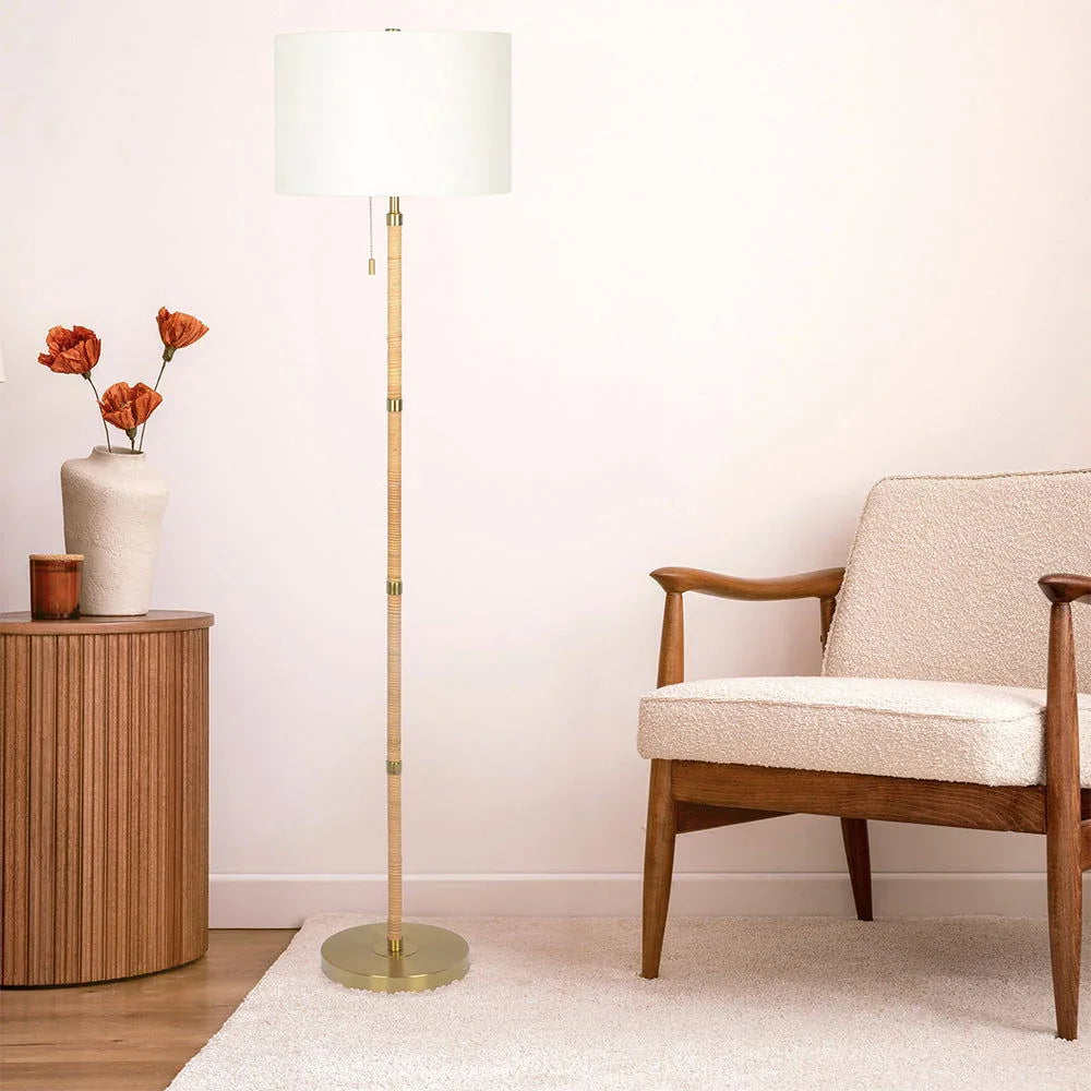 Stellar - Linen Shade Floor Lamp - Gold / Natural Wood / Rattan / White - Furniture Home Direct