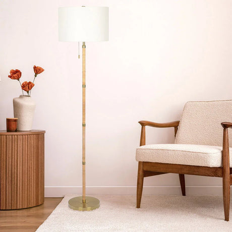 Stellar - Linen Shade Floor Lamp - Gold / Natural Wood / Rattan / White - Furniture Home Direct