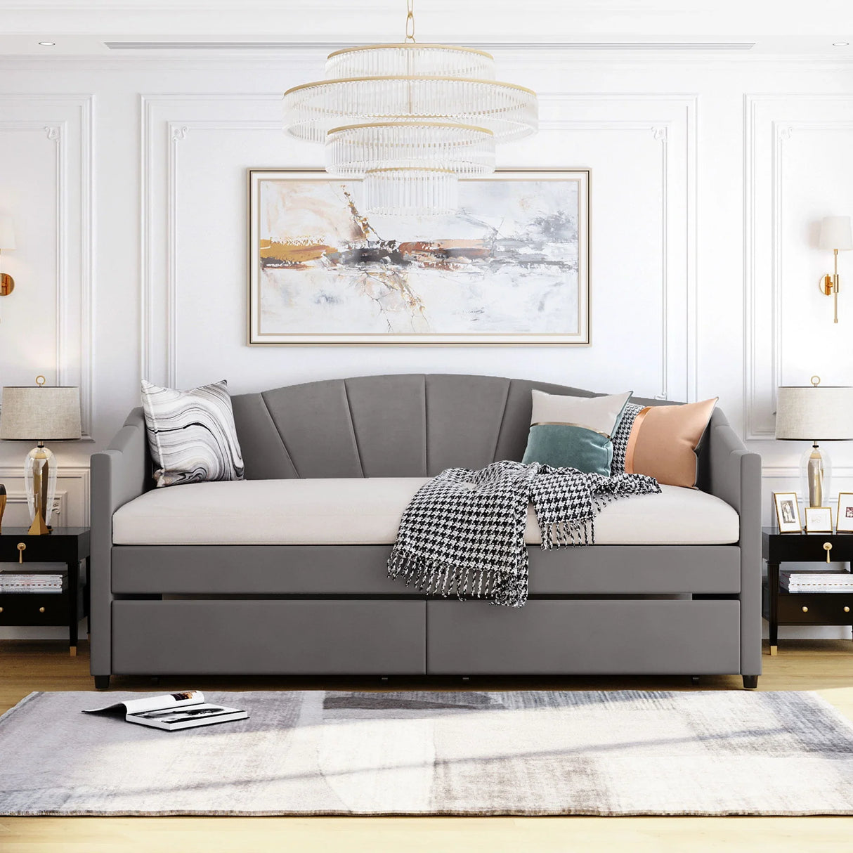 Upholstered Daybed With Two Drawers And Wood Slat - Furniture Home Direct