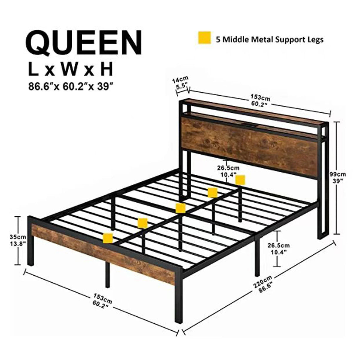 Metal Platform Bed Frame With Wooden Headboard And Footboard With USB Liner, No Box Spring Needed, Under Bed Storage - Furniture Home Direct