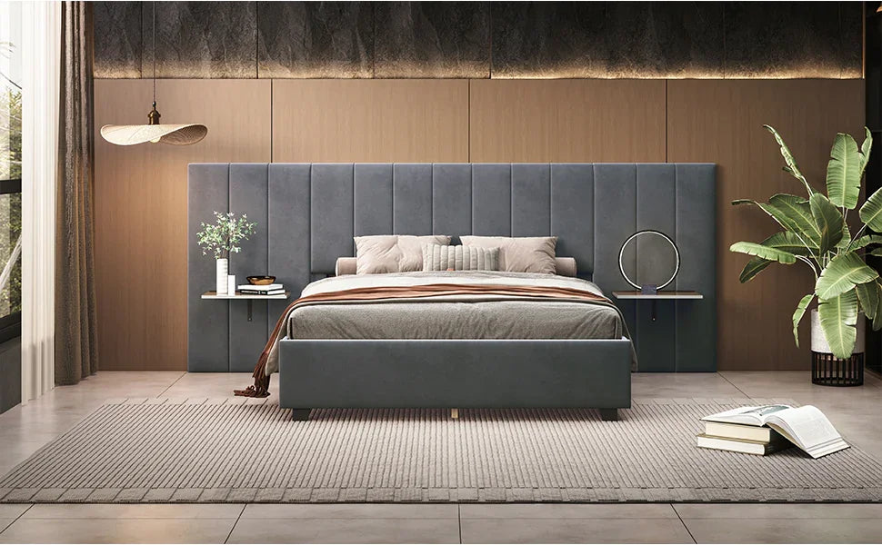 Queen Bed Upholstered Platform With Tall Headboard Gray - Furniture Home Direct