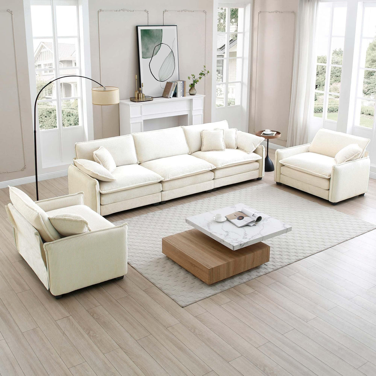 3 Piece Living Room Set with Soft Cushions and Pillows in Corduroy Fabric - Off White - Furniture Home Direct