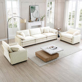 3 Piece Living Room Set with Soft Cushions and Pillows in Corduroy Fabric - Off White - Furniture Home Direct