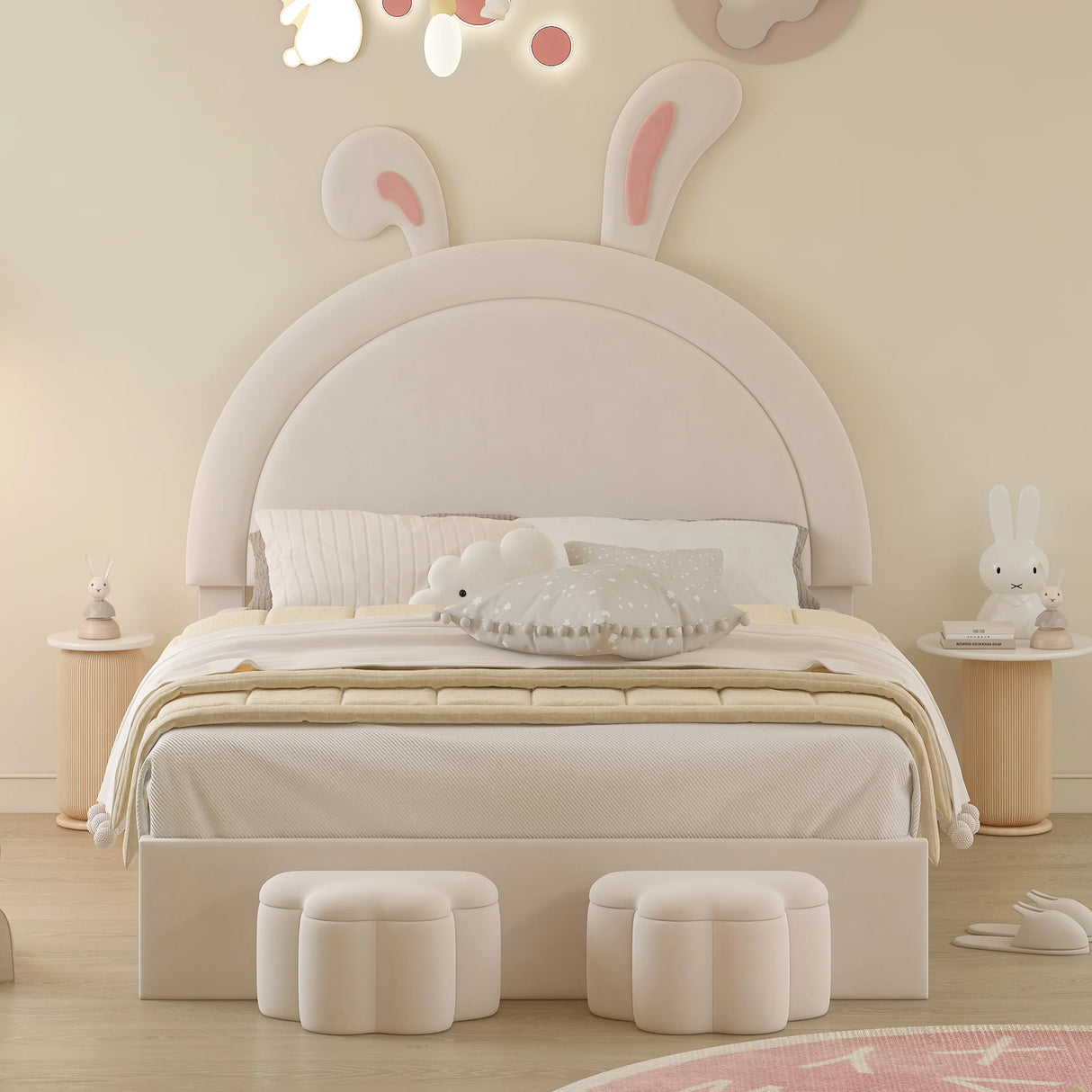 Rabbit-Shaped Bed for Kids Upholstered Full-Size White - Furniture Home Direct