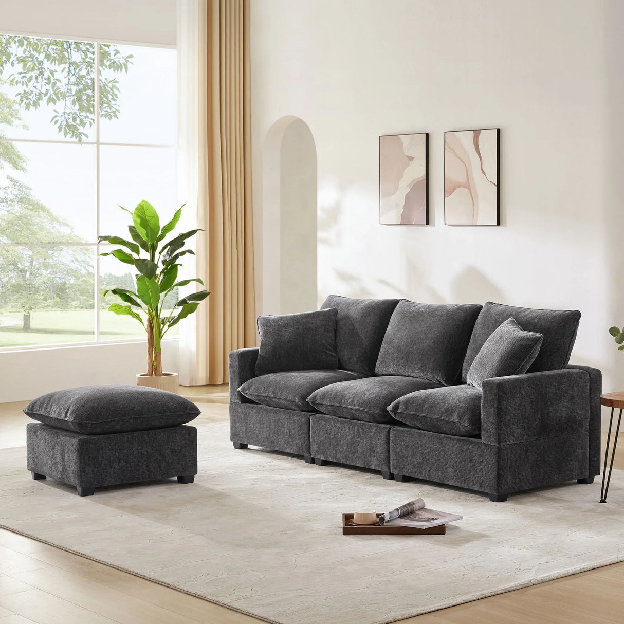 Modern Modular Sofa, 4 Seat Chenille Sectional Couch Set With 2 Pillows Included, Freely Combinable Indoor Funiture For Living Room - Furniture Home Direct