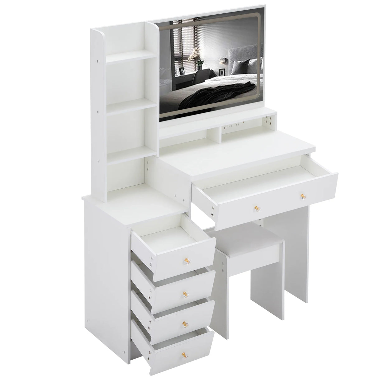 Vanity Desk With Cushioned Stool Mirror Makeup White - Furniture Home Direct