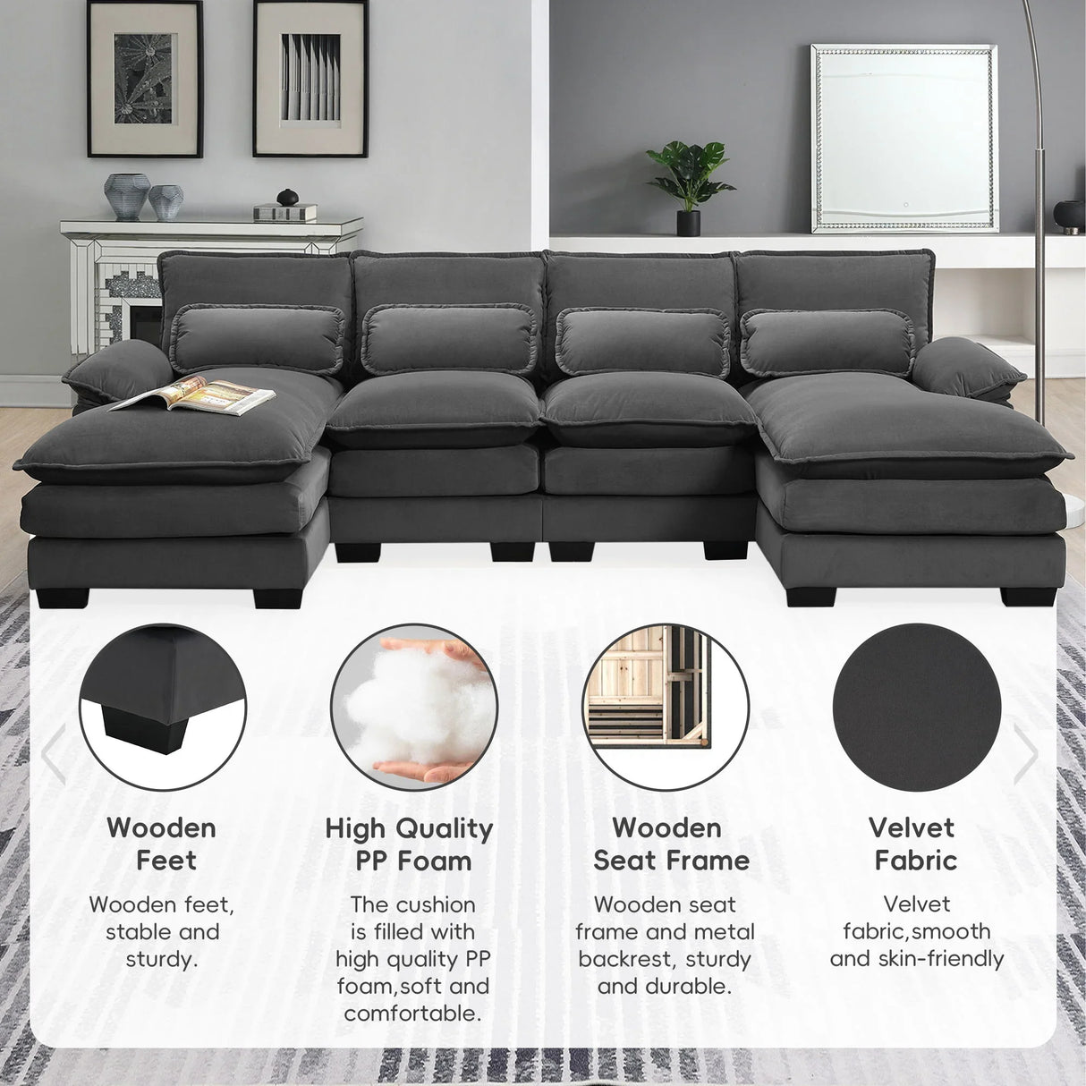 Modern U-Shaped Sectional Sofa With Waist Pillows, 6 Seat Upholstered Symmetrical Sofa Furniture, Sleeper Sofa Couch With Chaise Lounge For Living Room - Furniture Home Direct