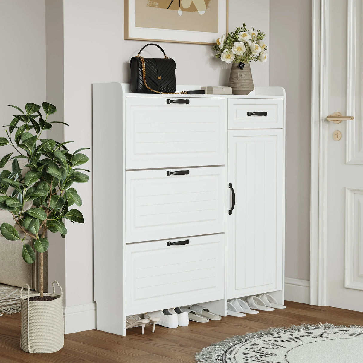 Shoe Cabinet With 4 Doors 1 Drawers, PVC Door With Shape, Large Space For Storage - White - Furniture Home Direct