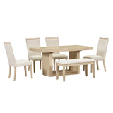 Dining Set Extendable Pedestal Table Bench And Chairs Beige - Furniture Home Direct