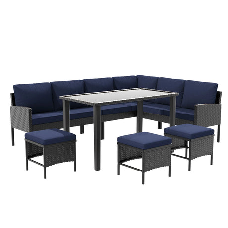 7 Piece Outdoor Furniture Set With Waterproof Cushions, Glass Table, And Space Saving Design - Blue - Furniture Home Direct