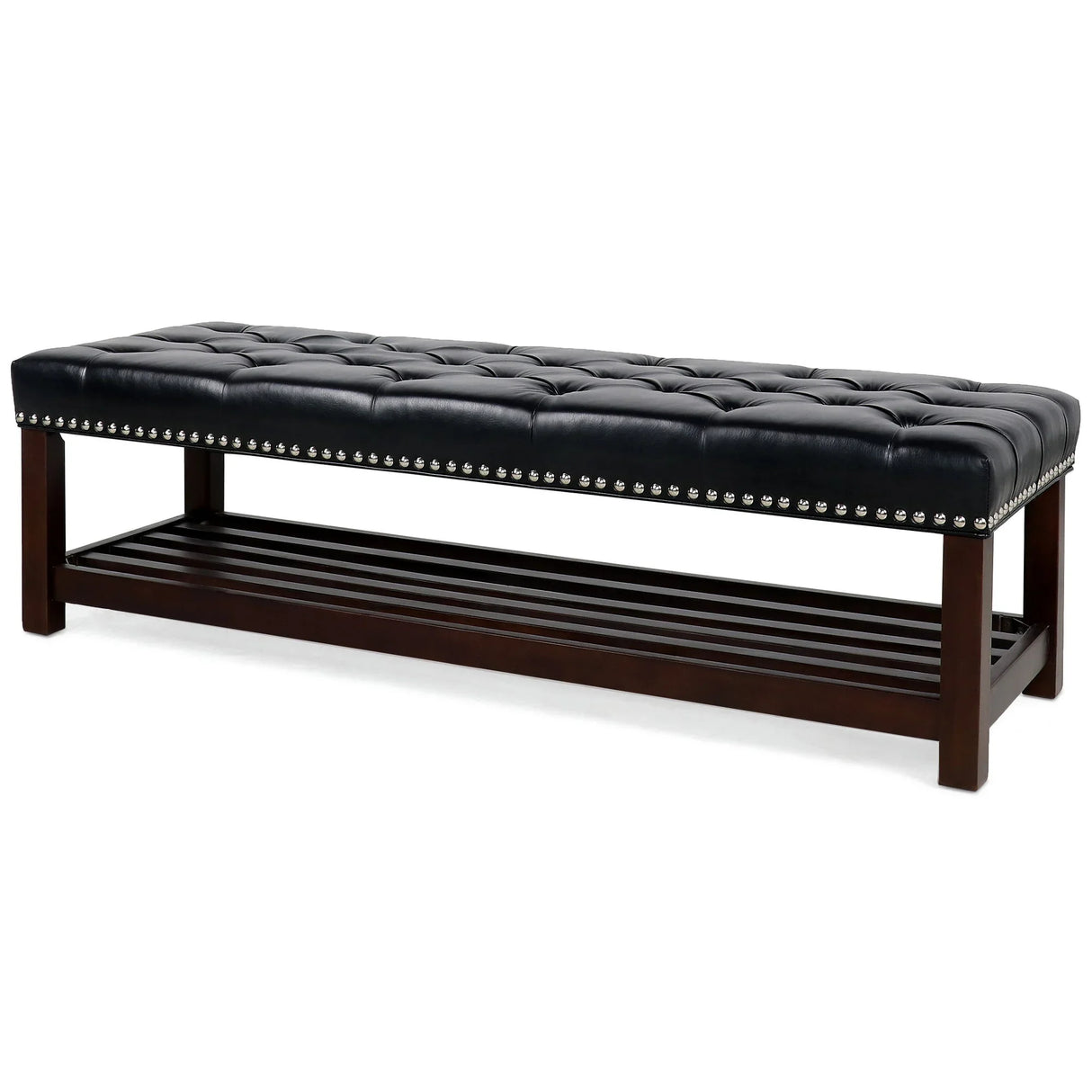 Bedroom End Of Bed Bench Tufted Upholstered End Of Bed Bench End Of Bed Entrance Shoe Bench With Nailhead Trim And Shelf Bedroom Upholstered Leather Bench Living Room Shoe Rack Footstool - Furniture Home Direct