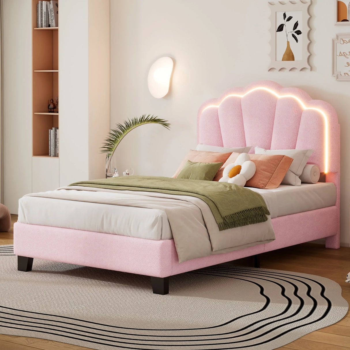 Upholstered Elegant Flowers Headboard With LED Light Strip, Platform Bed With Slats Support - Furniture Home Direct