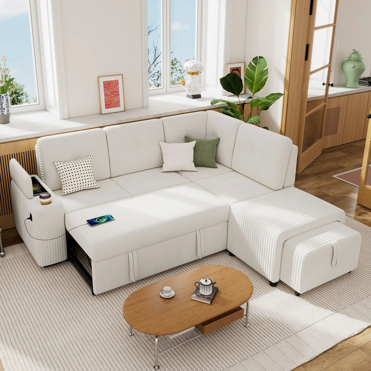 Pull-Out L-Shaped Sectional Sofa With Movable Ottoman And Stool, Large Storage Space, A Cup Holder, And 2 USB Ports For Living Room - Furniture Home Direct