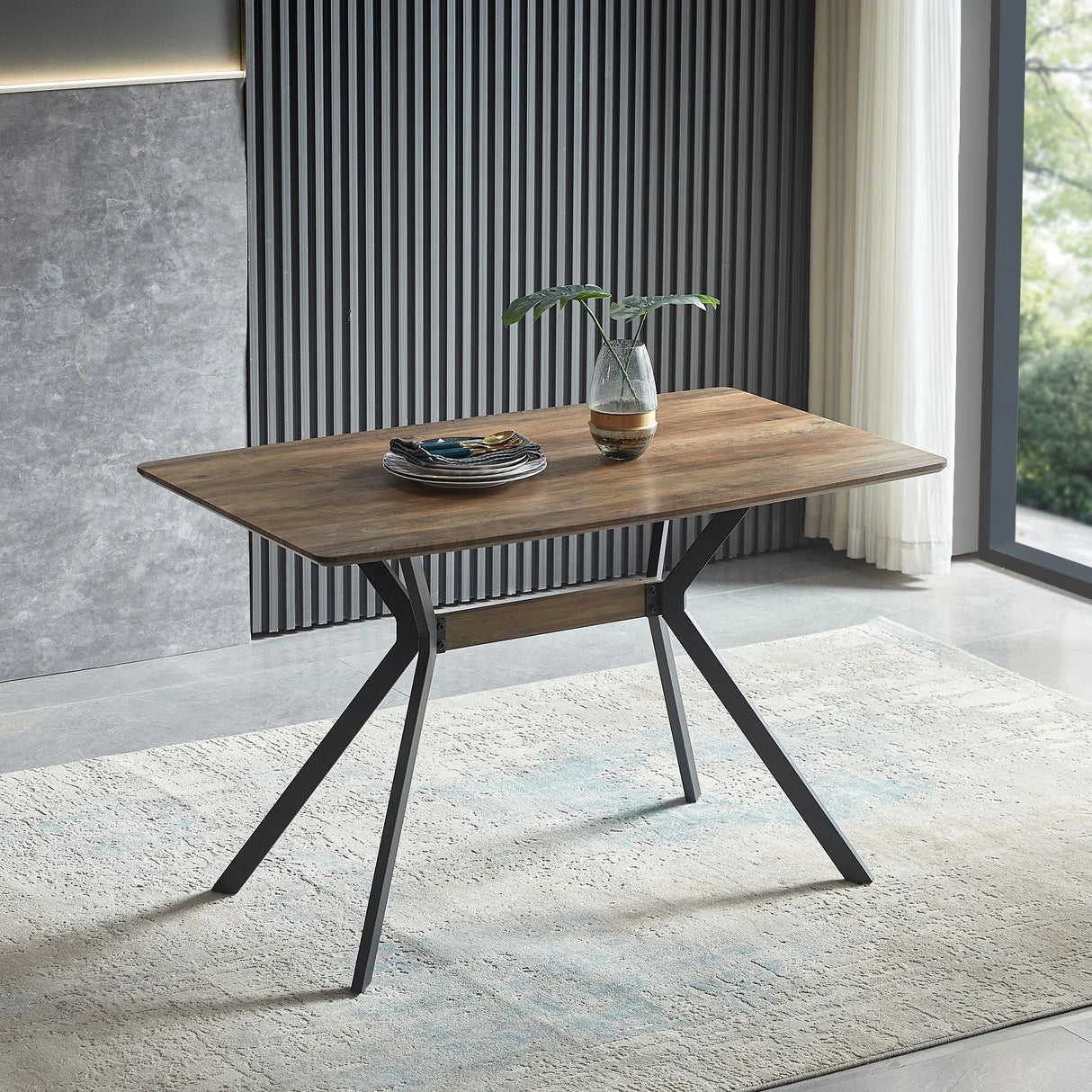 Modern Minimalist Style Dining Table MDF Wooden Top Metal Shelf Metal Heat Transfer Legs Leveling Feet For Dining Room Kitchen Office Table - Walnut / Black - Furniture Home Direct
