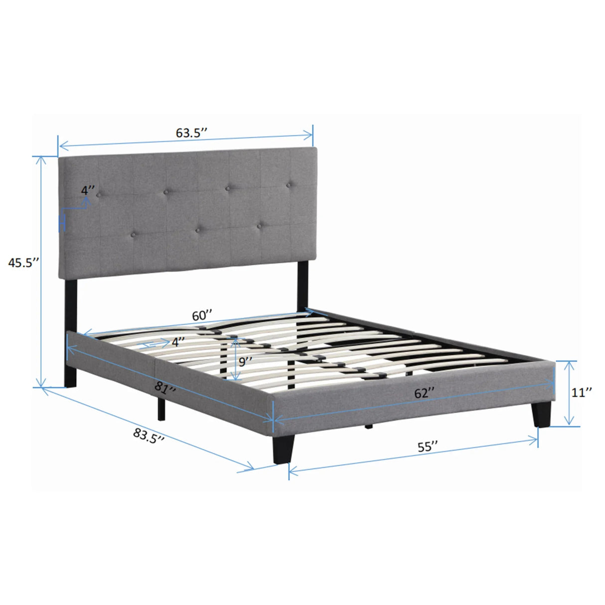 Queen Size Upholstered Platform Bed Frame With Button Tufted Linen Headboard, No Box Spring Needed, Wood Slat Support - Gray - Furniture Home Direct