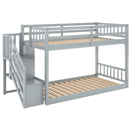 Twin Over Twin Floor Bunk Bed, Ladder With Storage - Furniture Home Direct