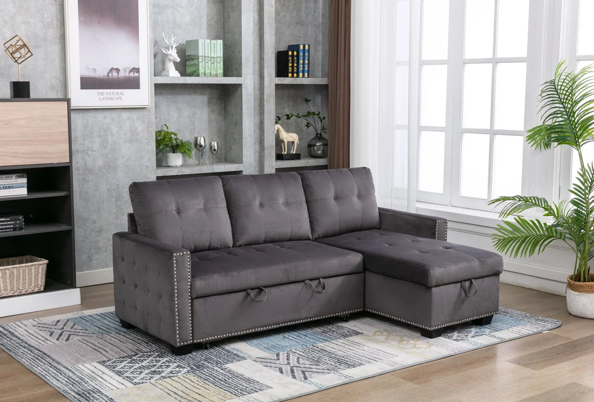 Reversible Sectional Storage Sleeper Sofa Bed, L-Shape 2 Seat Sectional Chaise With Storage, Skin-Feeling Velvet Fabric - Furniture Home Direct