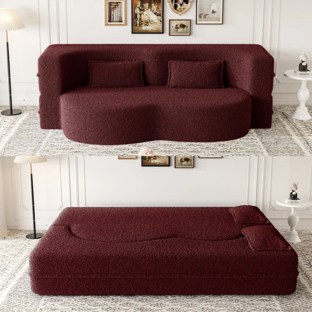 Modern Floor Sofa, With 2 Pillows, Convertible Teddy Fabric Foam Filled Bed - Furniture Home Direct