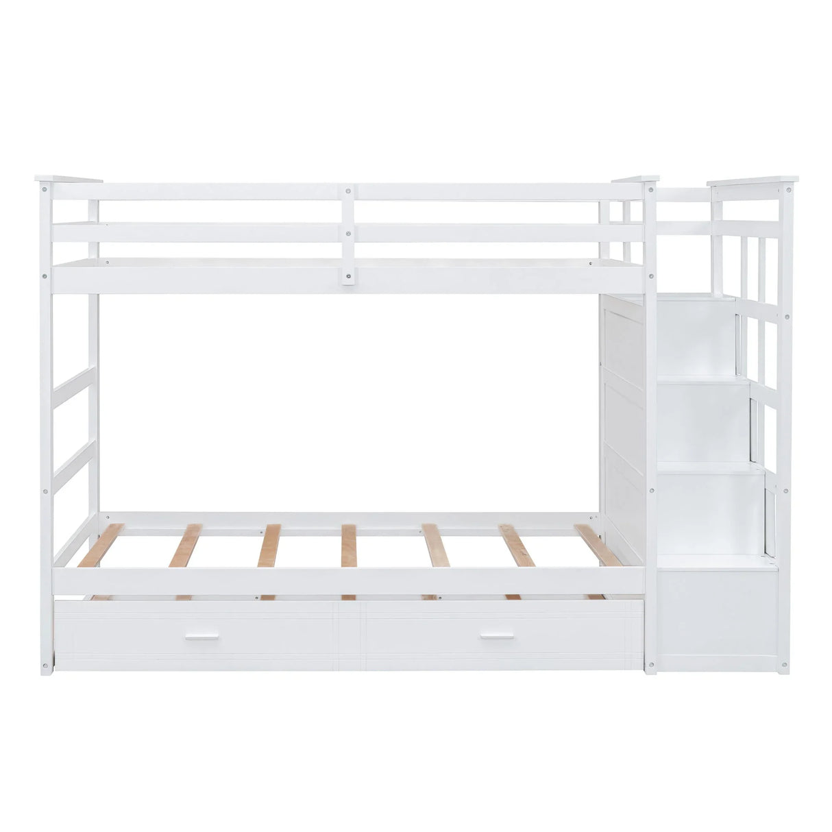 Twin Over Twin Bunk Bed With Trundle And Staircase - White - Furniture Home Direct
