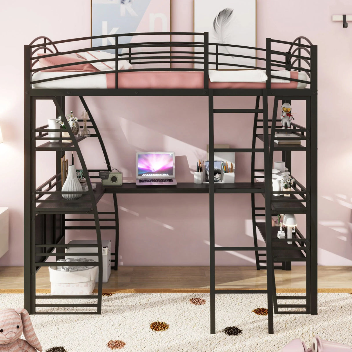 Loft Bed With 4 Layers Of Shelves And L-Shaped Desk, Stylish Metal Frame Bed With A Set Of Sockets, USB Ports And And Wireless Charging - Furniture Home Direct