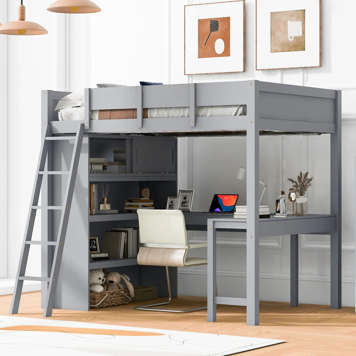 Modern Loft Bed With Desk And Shelves - Furniture Home Direct