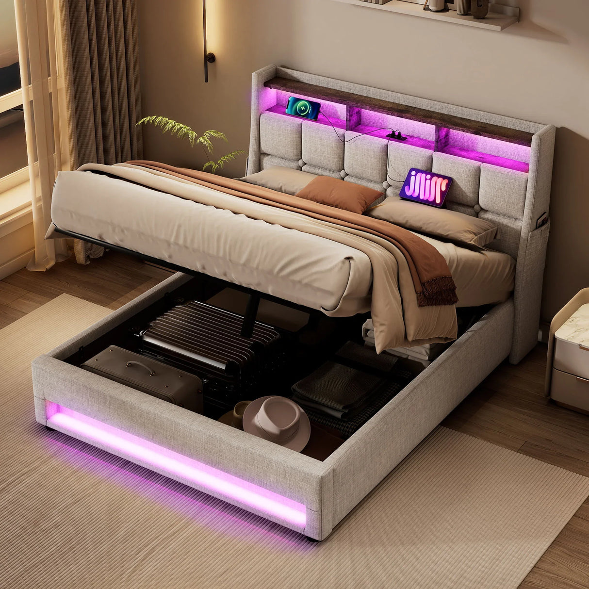 Upholstered Platform Bed With A Hydraulic Storage System, LED And USB Charging (Without Mattress) - Furniture Home Direct