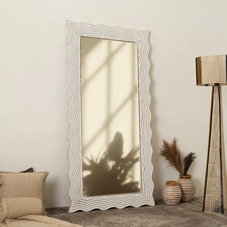 Handcarved Wave Design Rectangle Mirror Accent Enhancing Space - Antique White - Furniture Home Direct