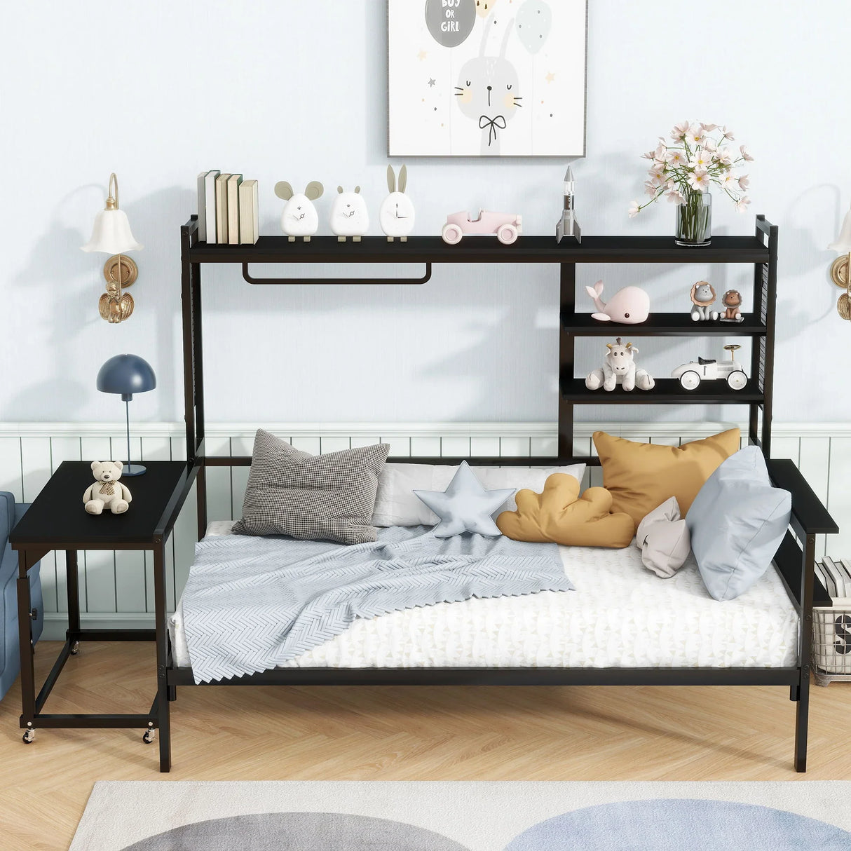 Daybed With Movable Desk, Grid, Shelves And Clothes Hanger - Furniture Home Direct