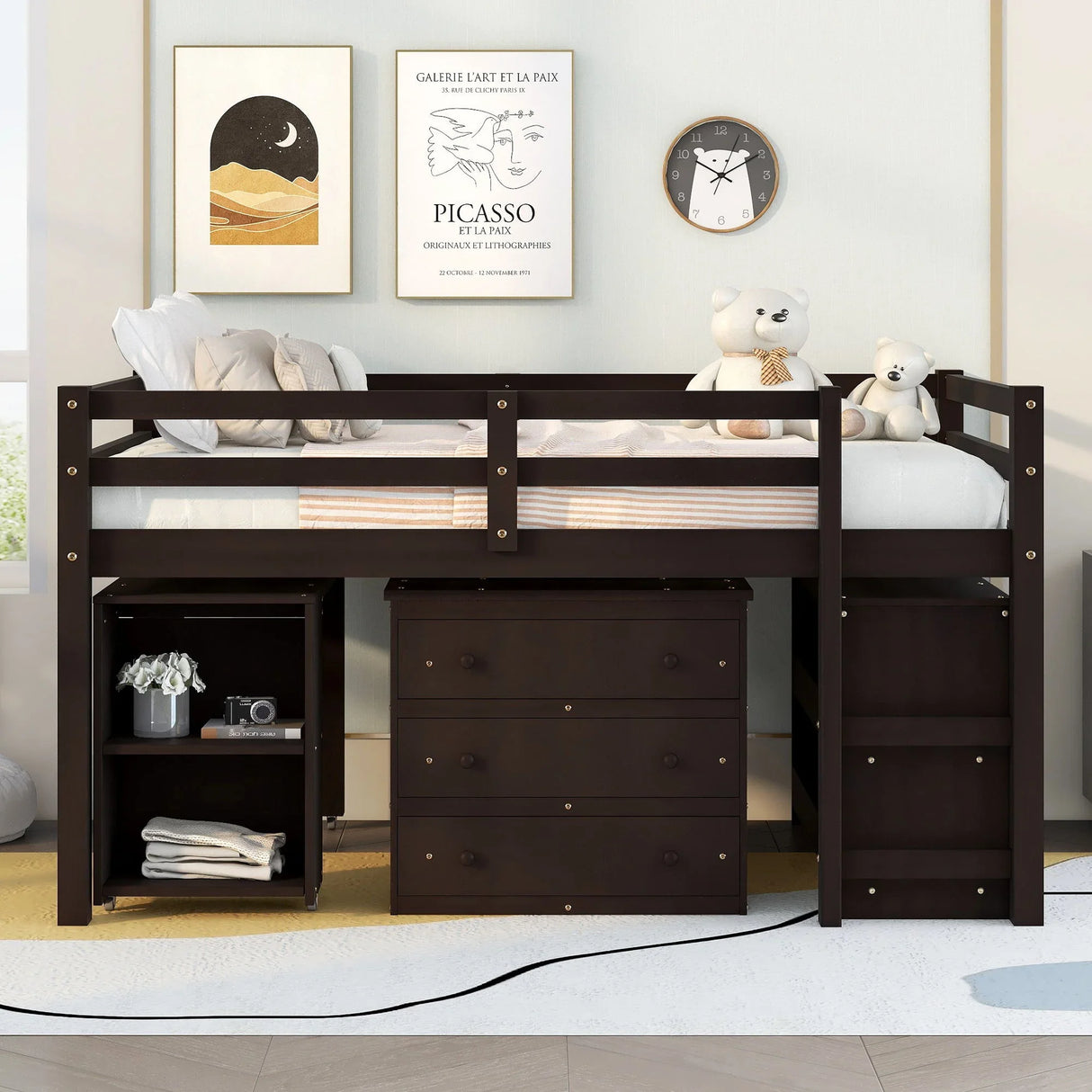 Loft Low Study Bed With Cabinet, Shelves And Rolling Portable Desk, Multiple Functions - Furniture Home Direct