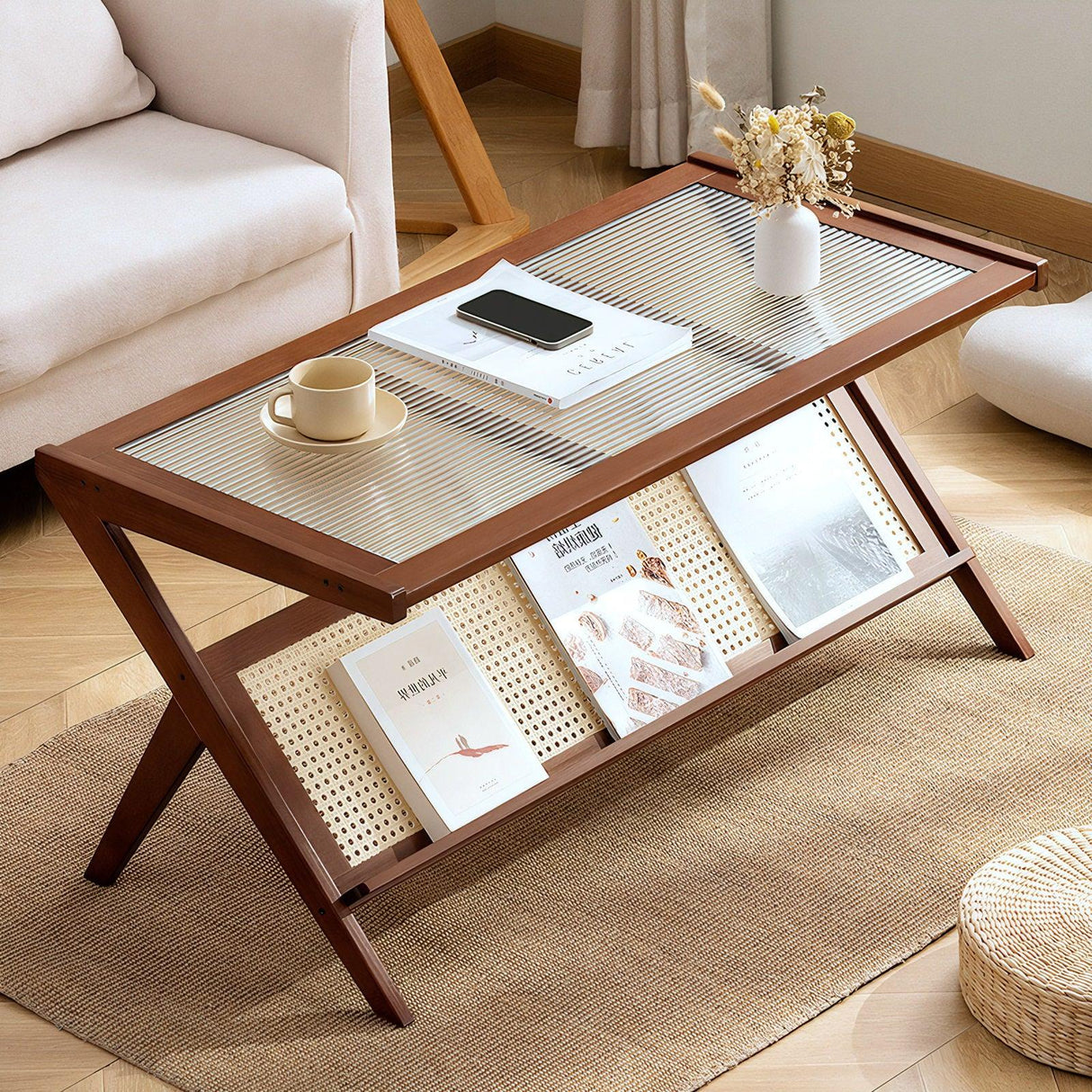 Rattan Coffee Tables For Living Room, Mid Century Modern Coffee Table With Glass Top, Large Boho Center Table With Storage - Brown - Furniture Home Direct
