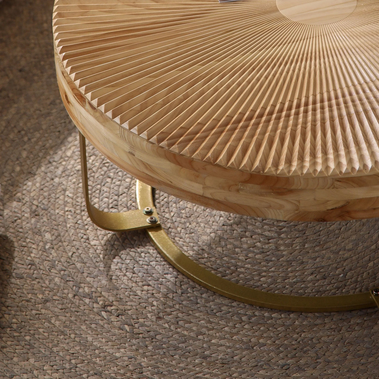 Coffee Table Round Carved Sunburst Top Natural Gold - Furniture Home Direct