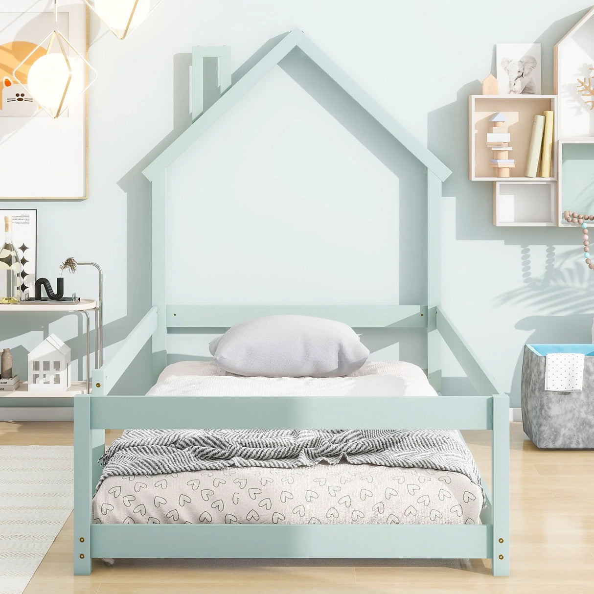 Wood Bed With House Shaped Headboard Floor Bed With Fences - Furniture Home Direct