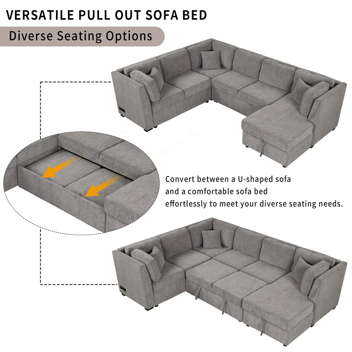 U-Shaped Sectional Sofa Pull Out Sofa Bed With Two USB Ports, Two Power Sockets, Three Back Pillows And A Storage Chaise For Living Room - Furniture Home Direct