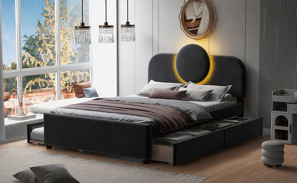 Platform Bed Upholstered With Storage Drawers Trundle Gray - Furniture Home Direct