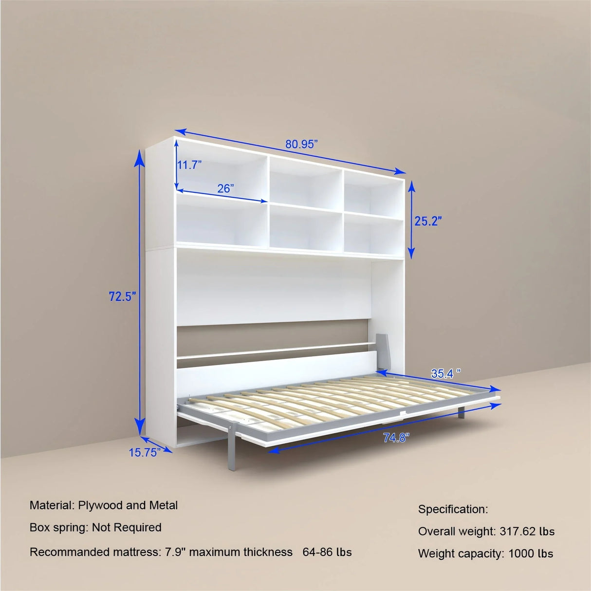 Mordern Twin Size Horizontal Murphy Bed With Shelf Storage - White - Furniture Home Direct
